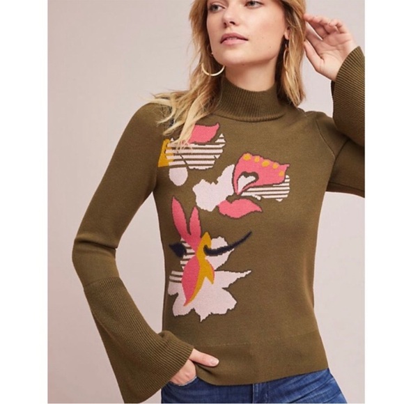 Anthropologie Sweaters - Anthropologie Knitted Knotted Olive Green MockNeck Abstract Floral Sweater sz M